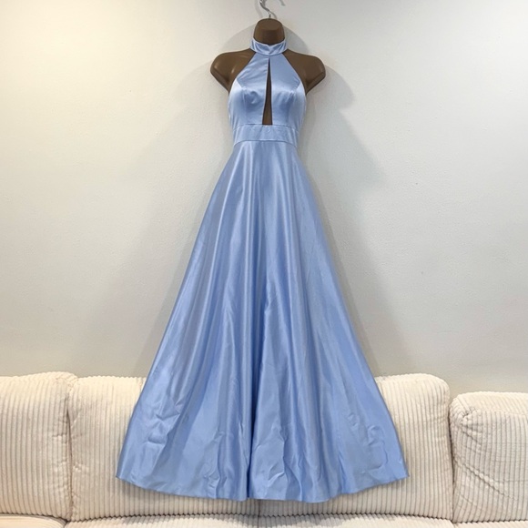 Dresses & Skirts - Baby blue mesh v cutout long formal prom dress with halter neckline